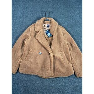 New Gap Jacket Women's Large‎ Brown Teddy Sherpa Faux Fur Button Pockets $128
